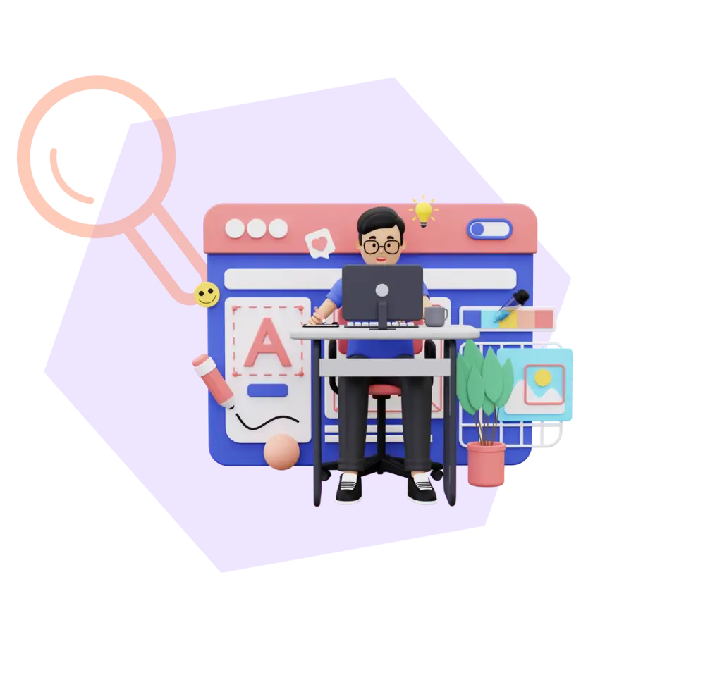 Illustration mit Laptop, SEO-Analyse und Content-Strategie