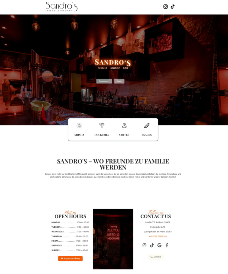 Onepager Webdesign für Sandro’s Shisha Lounge in Ludwigshafen