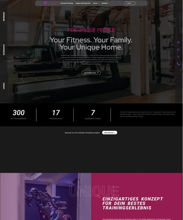 Webdesign für Fitnessstudio UniqueGym Bad Dürkheim mit moderner Website und authentischen Studiofotos