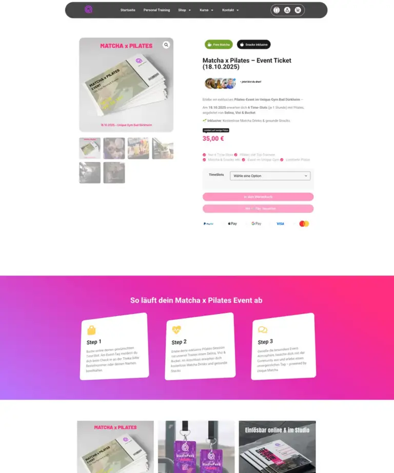 Online Shop für Fitnessstudios UniqueGym Bad Dürkheim mit individuellem WooCommerce Design und digitalen Produkten