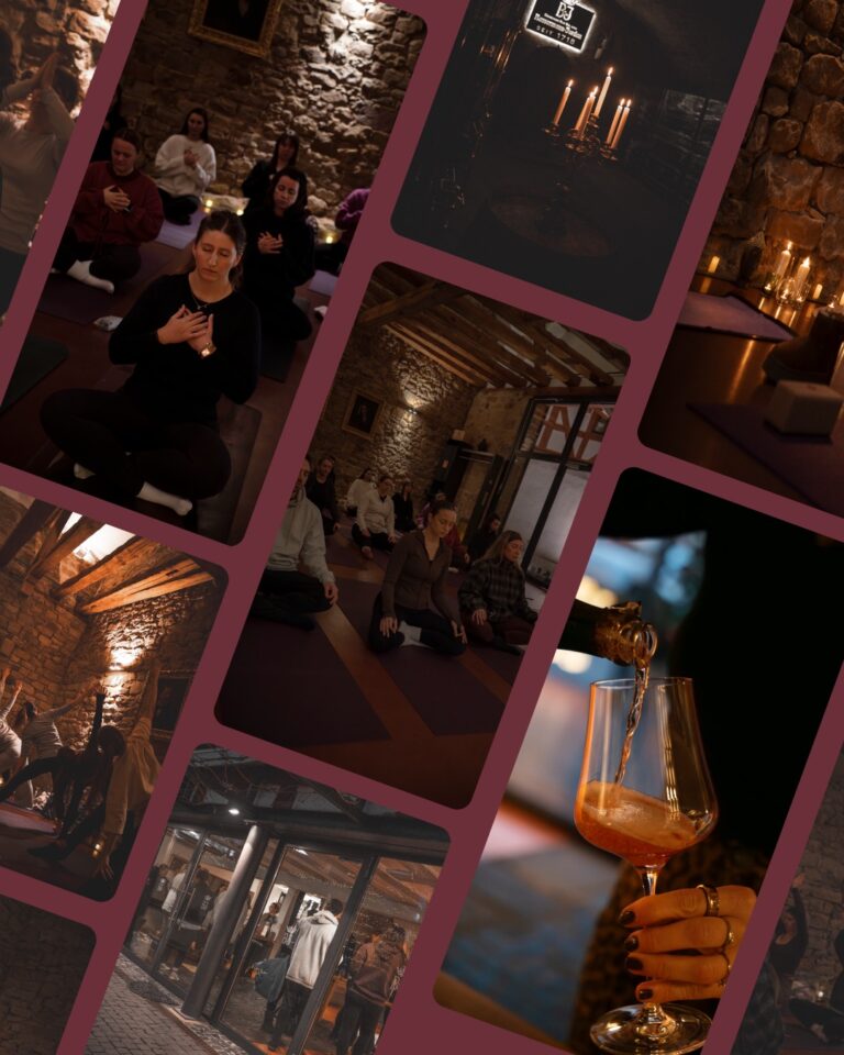 Eventfotografie Candlelight Yoga & Wine im Weingut Geheimer Rat Dr. von Bassermann Jordan Deidesheim mit stimmungsvollen Yoga und Weinszenen