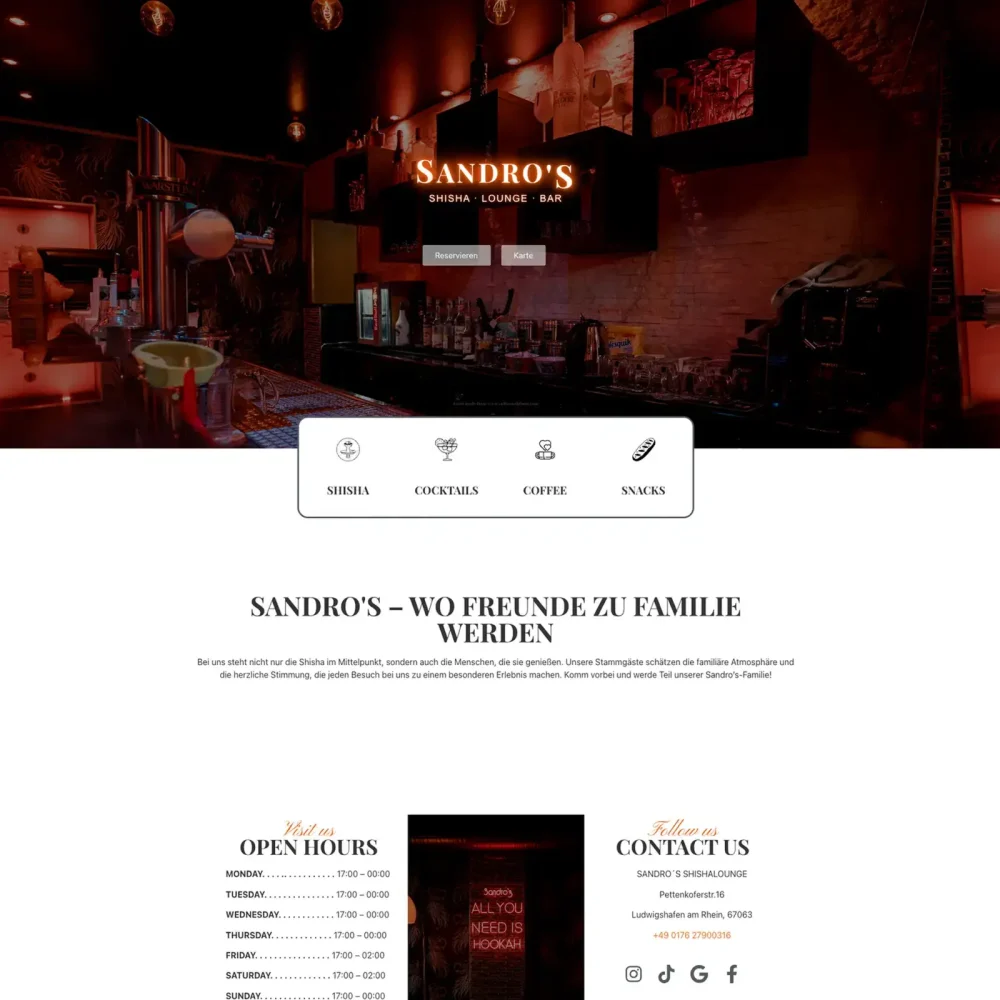 Onepager Webdesign für Sandro’s Shisha Lounge in Ludwigshafen