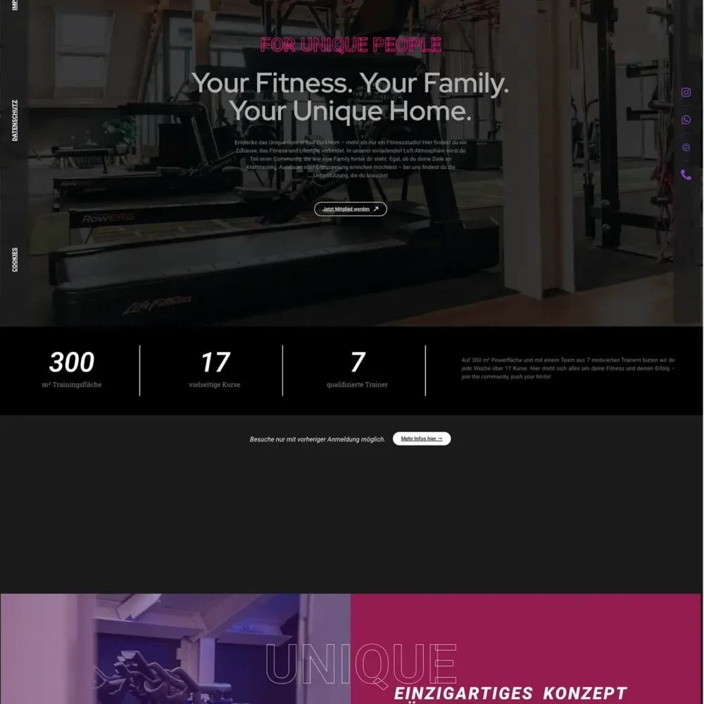 Webdesign für Fitnessstudio UniqueGym Bad Dürkheim mit moderner Website und authentischen Studiofotos