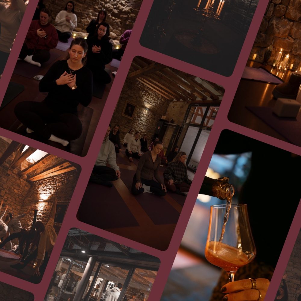 Eventfotografie Candlelight Yoga & Wine im Weingut Geheimer Rat Dr. von Bassermann Jordan Deidesheim mit stimmungsvollen Yoga und Weinszenen